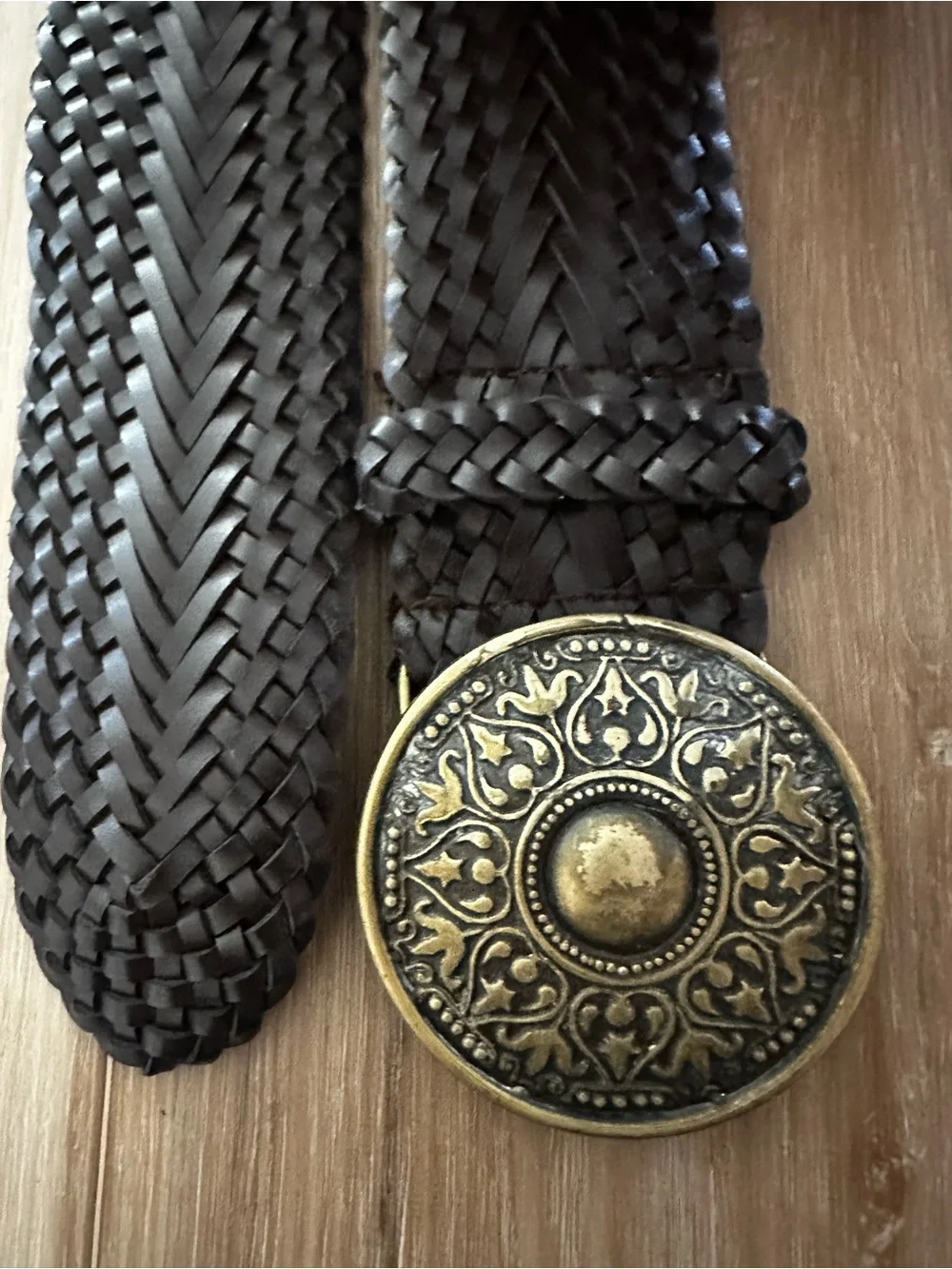 Boho Brass Medallion Buckle Braided Leather Belt